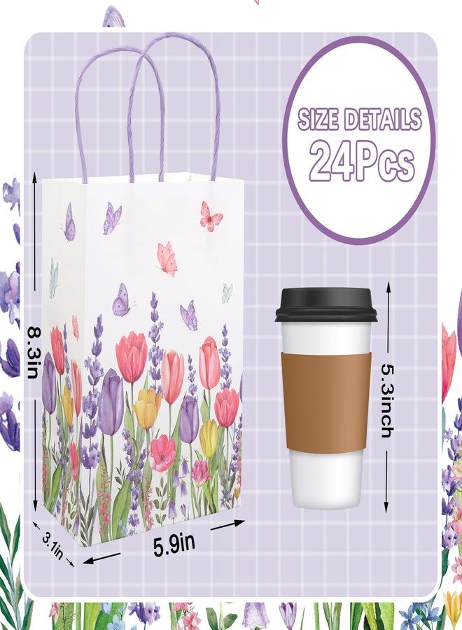 FYSUIMU 24Pcs Tulips Lavender Floral Paper Bags with 30 Sheets Purple Tissue Paper Watercolor Flower Butterfly Treat Bag with Handles Candy Goodie Bags for Birthday Party - Image 2